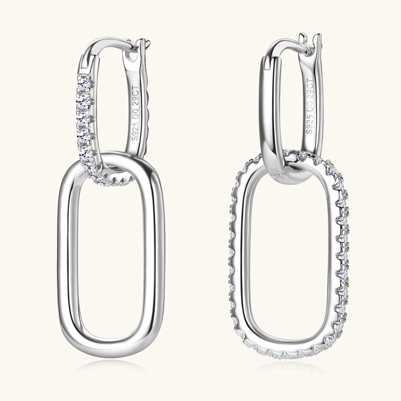 Side view of geometric double hoop earrings in sterling silver with moissanite