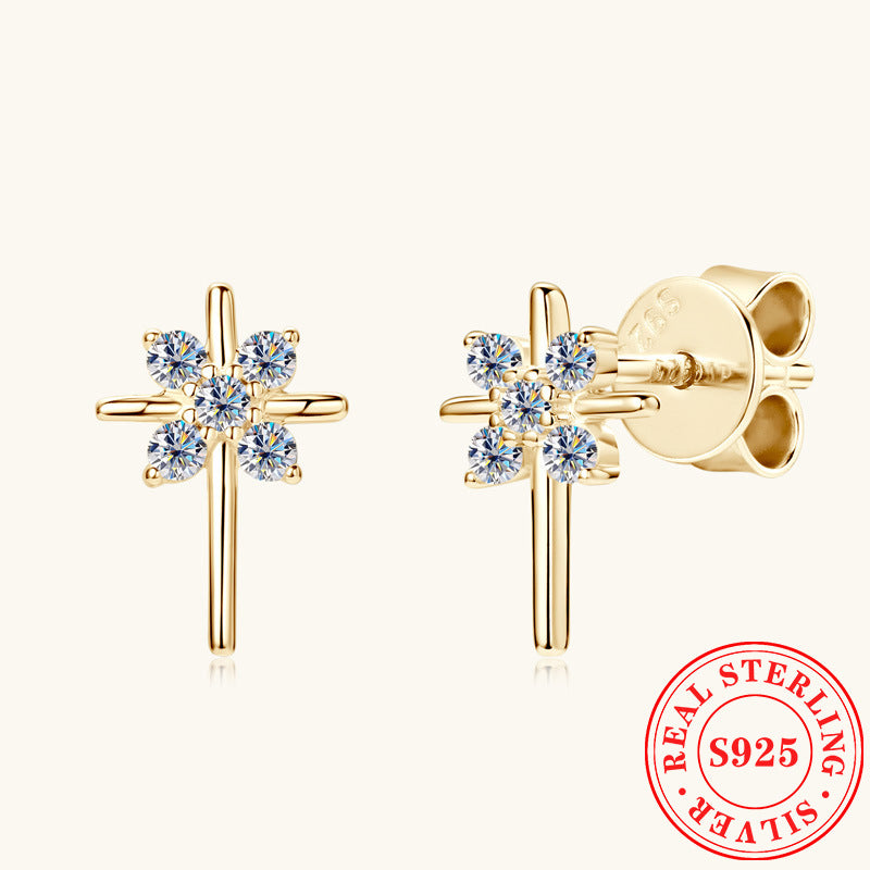 Close-up of Luckinging Cross Stud Earrings showing moissanite stones on sterling silver base