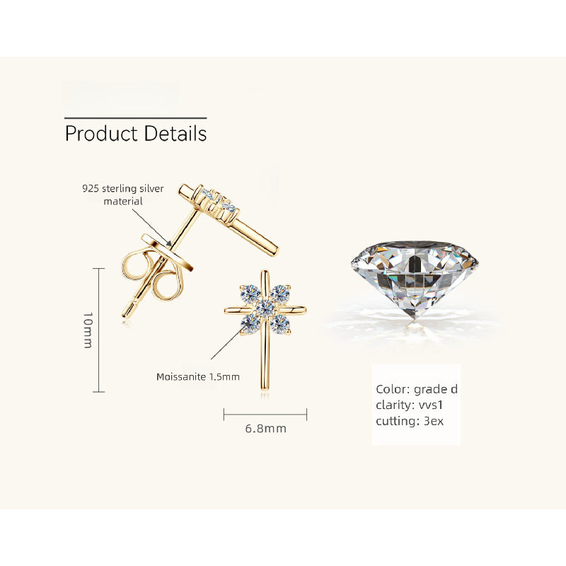 Another angle of Luckinging Cross Stud Earrings emphasizing clarity of moissanite