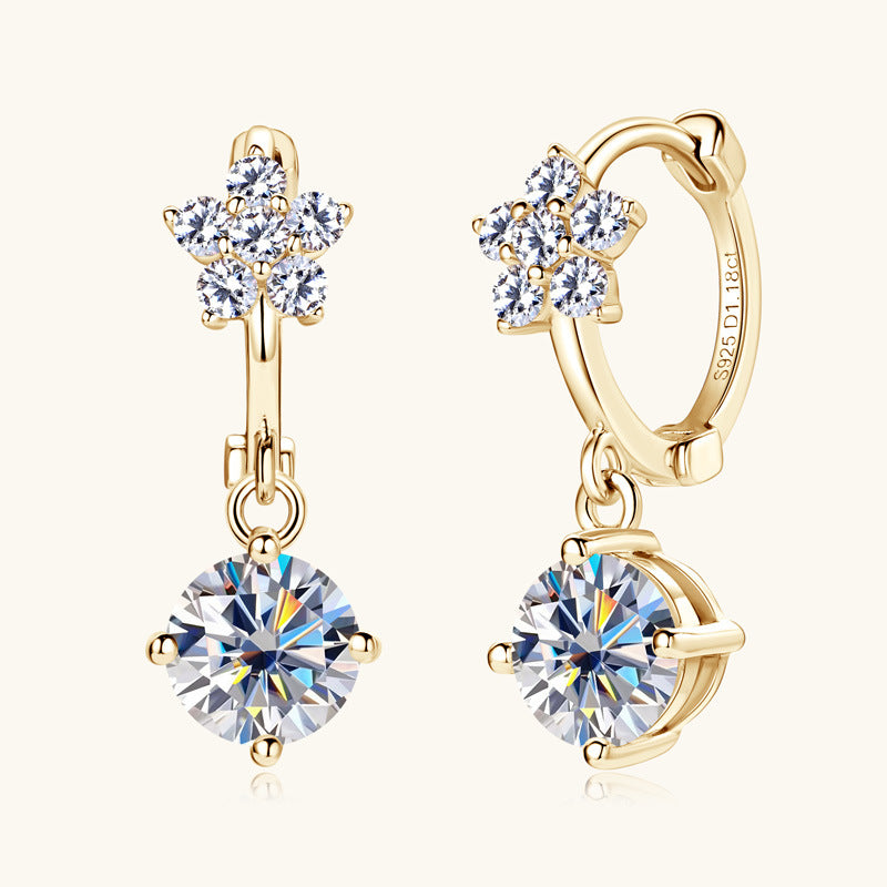 Sterling silver flower dangle earrings with moissanite center stone