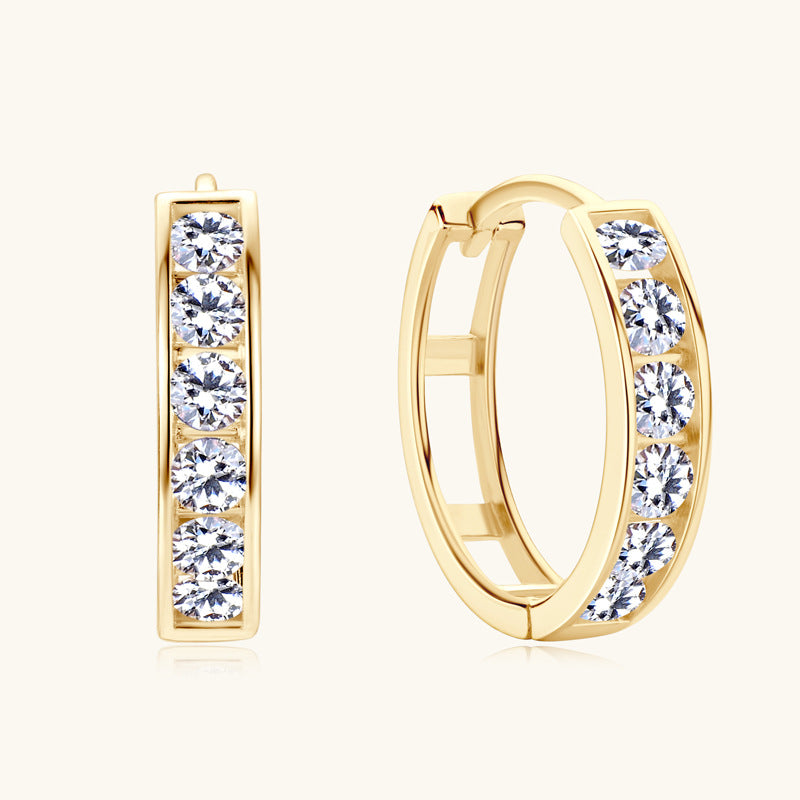 Small 14K gold plated hoop earrings with moissanite stones close-up