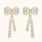 Close-up of Luckinging bow stud earrings with bow design and moissanite stones