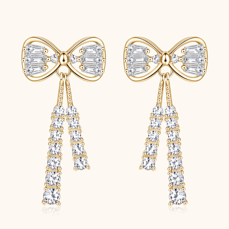 Close-up of Luckinging bow stud earrings with bow design and moissanite stones