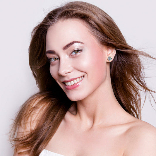 Close up view of flower moissanite stud earrings showing brilliant sparkle
