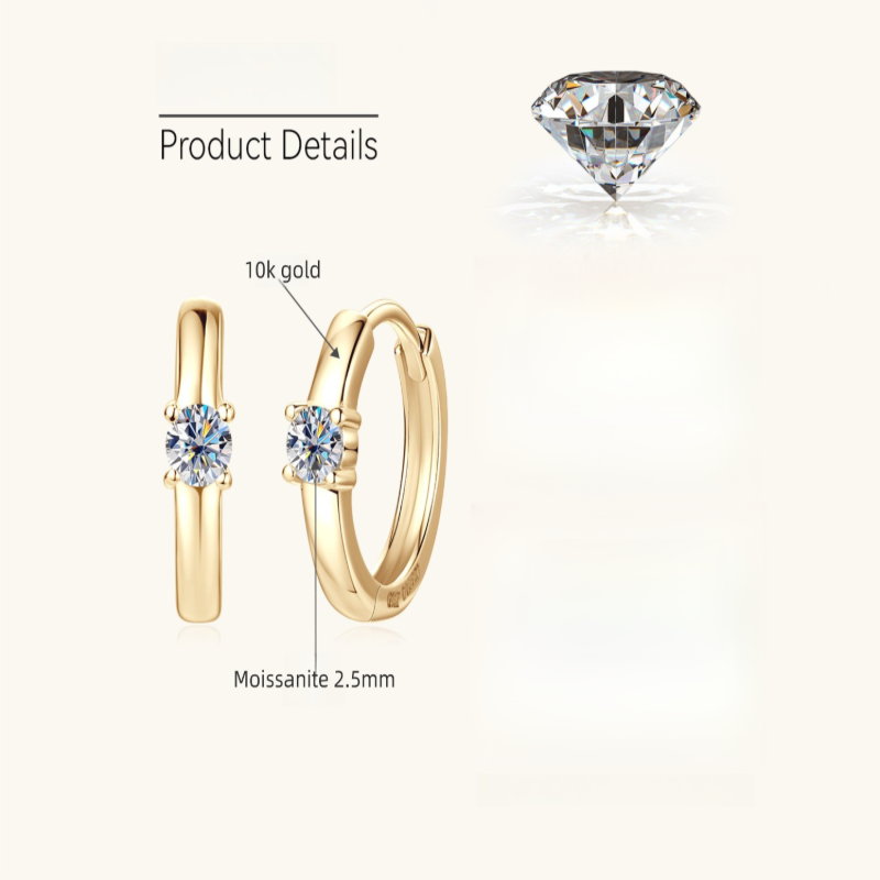 Flat lay image of gold huggie moissanite earrings