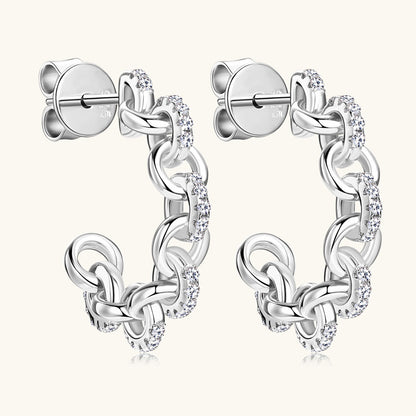 Close-up detail of Luckinging chain earrings showing premium moissanite stones and sterling silver craftsmanship