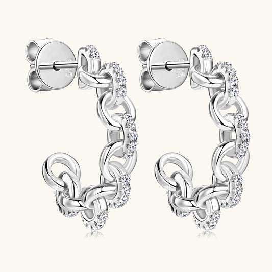 Close-up detail of Luckinging chain earrings showing premium moissanite stones and sterling silver craftsmanship