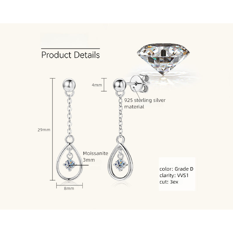 Image of Luckinging moissanite earrings showing hanging chain and stone movement