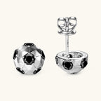 Silver football-shaped moissanite stud earring on white background