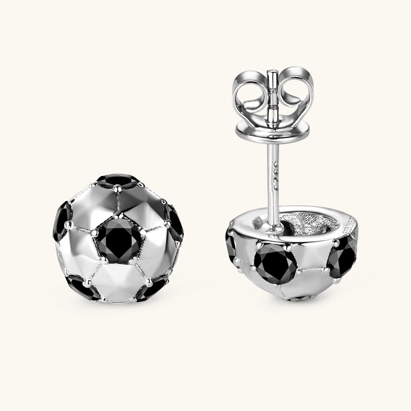 Silver football-shaped moissanite stud earring on white background