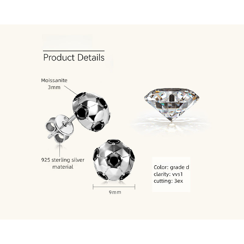 Minimalist black moissanite stud in polished silver football shape