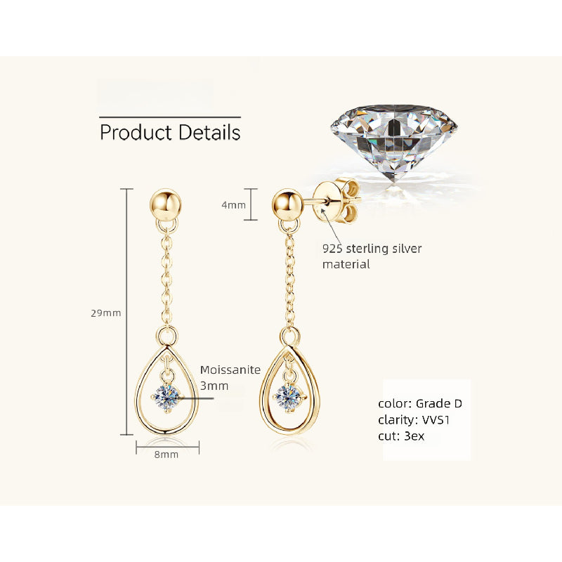 Profile view of Luckinging silver dangle earrings showcasing length and curve
