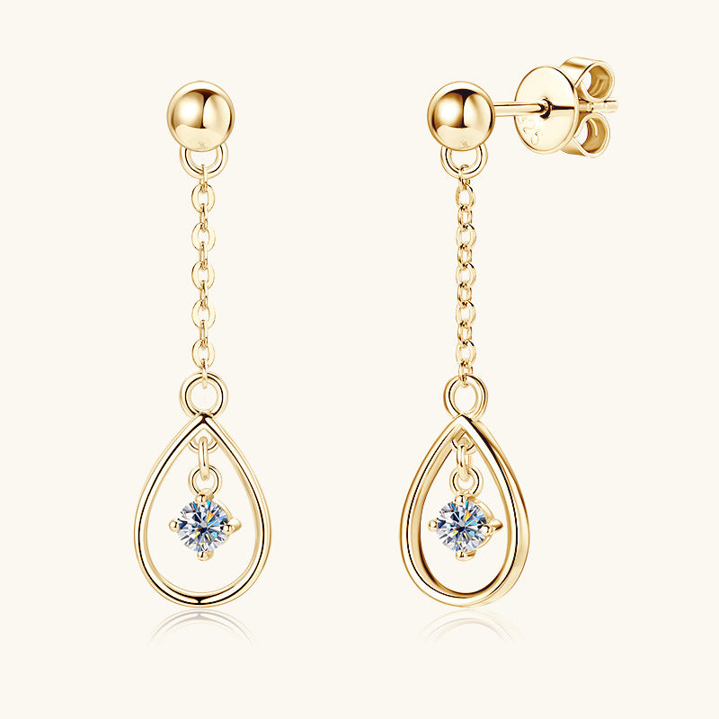 Front view of Luckinging water drop moissanite dangle earrings showing silver chain and stone
