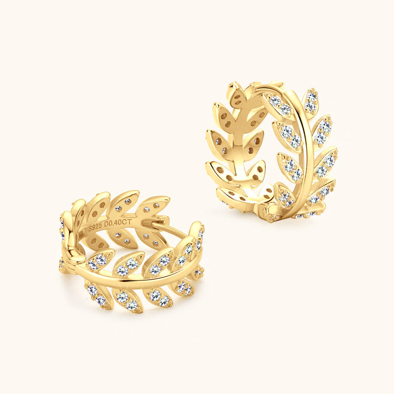 Sterling silver leaf round stud earrings with moissanite stones