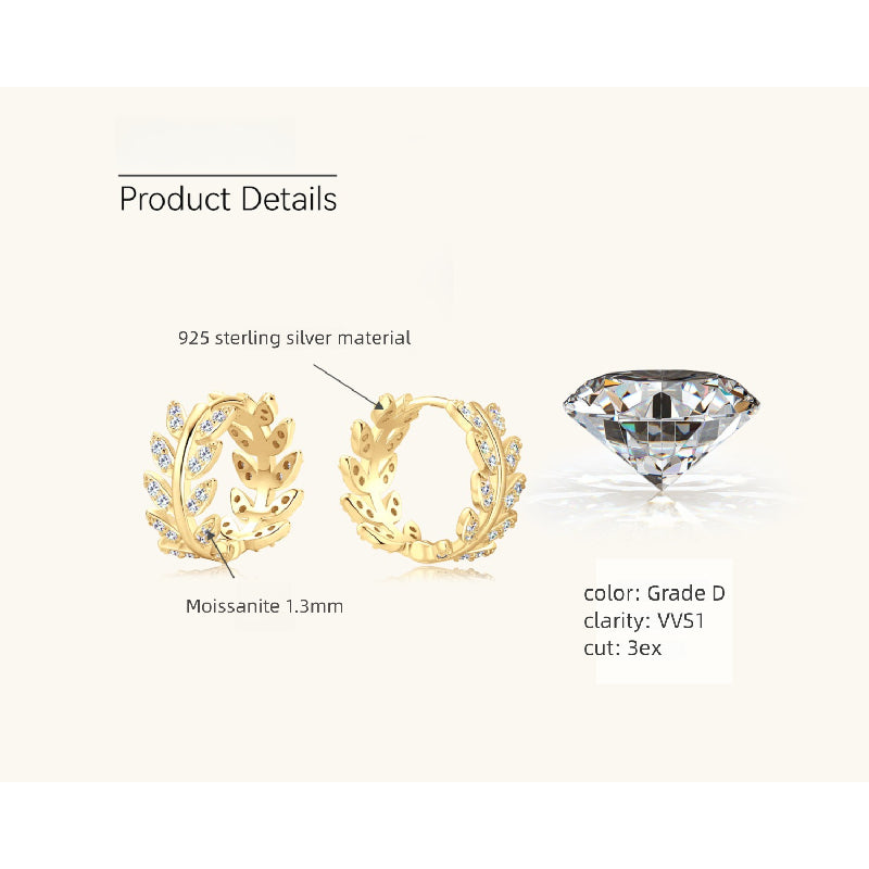 Luxury moissanite stud earrings with leaf motif