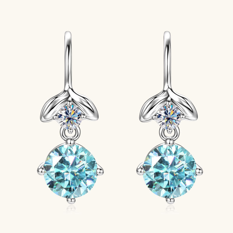 Front view of Luckinging Mermaid Blue Moissanite Teardrop Earrings showing the blue gem and silver design
