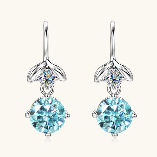 Front view of Luckinging Mermaid Blue Moissanite Teardrop Earrings showing the blue gem and silver design