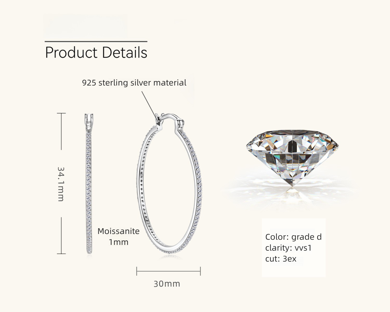 Material showcase highlighting the sterling silver and moissanite