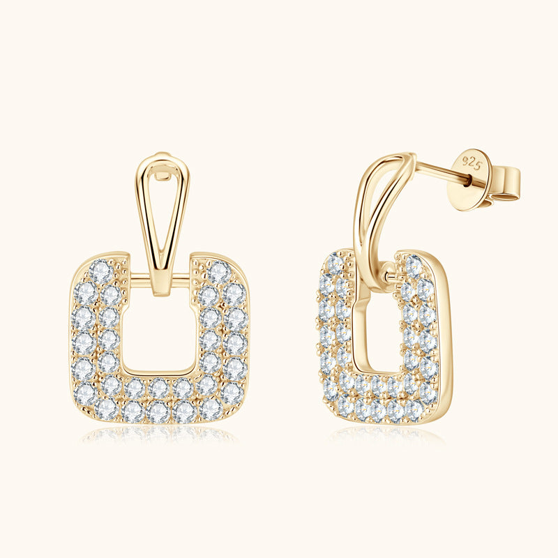 Sterling silver square moissanite dangle earring closeup
