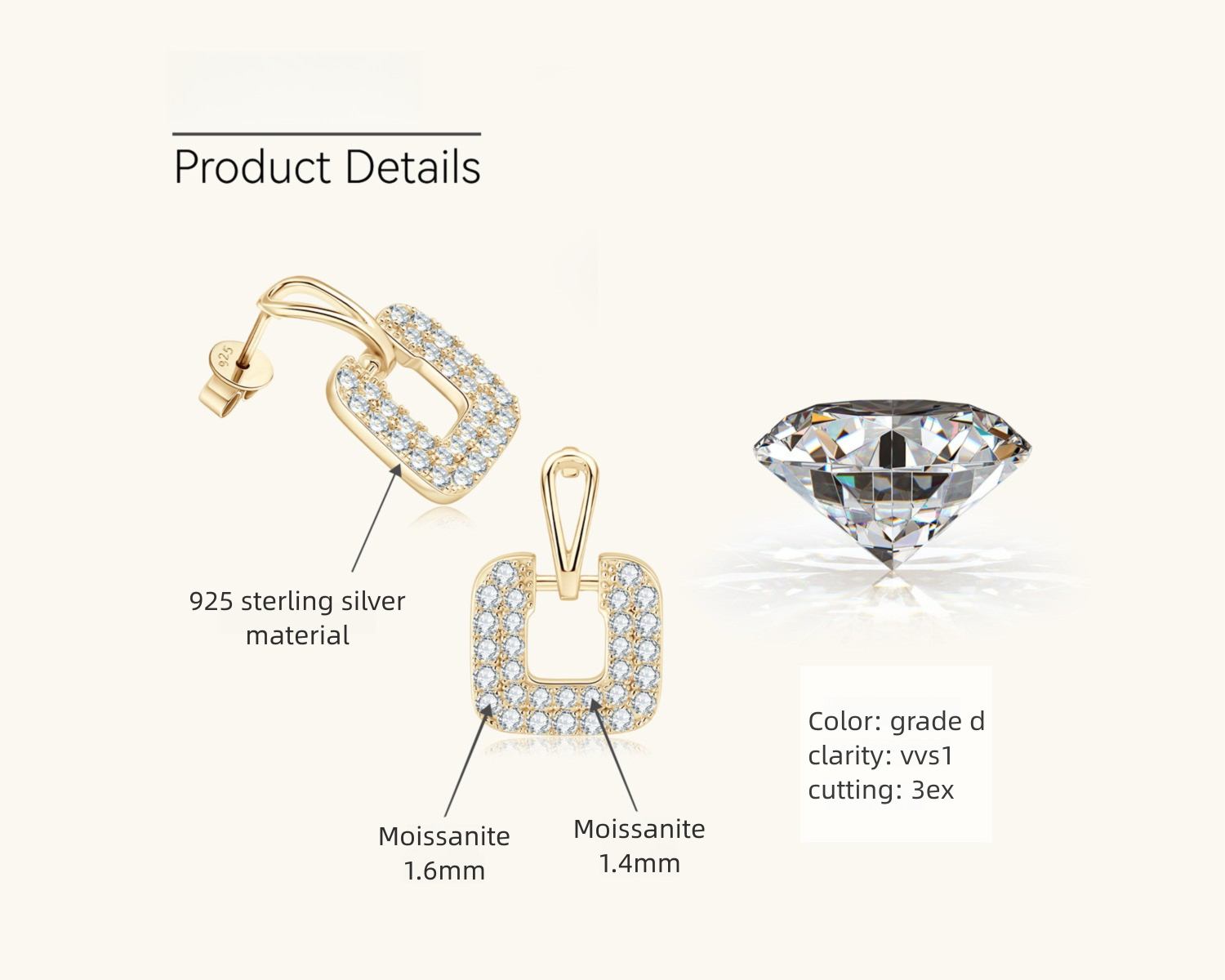 Flat back view of silver moissanite earring