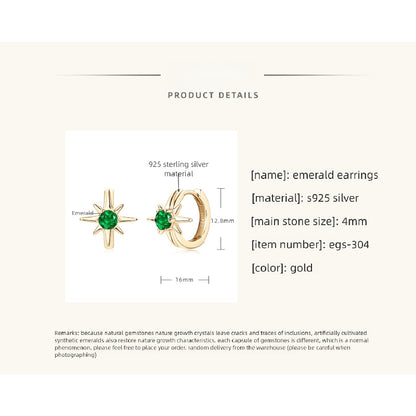 Star emerald huggie earrings presented in luxury jewelry gift box packaging