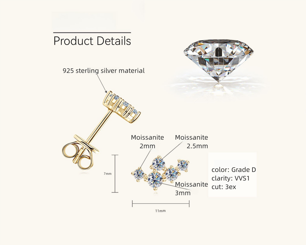Moissanite stone close up in star layout silver stud 6