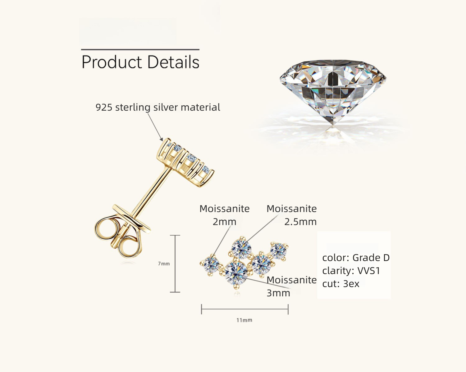 Moissanite stone close up in star layout silver stud 6